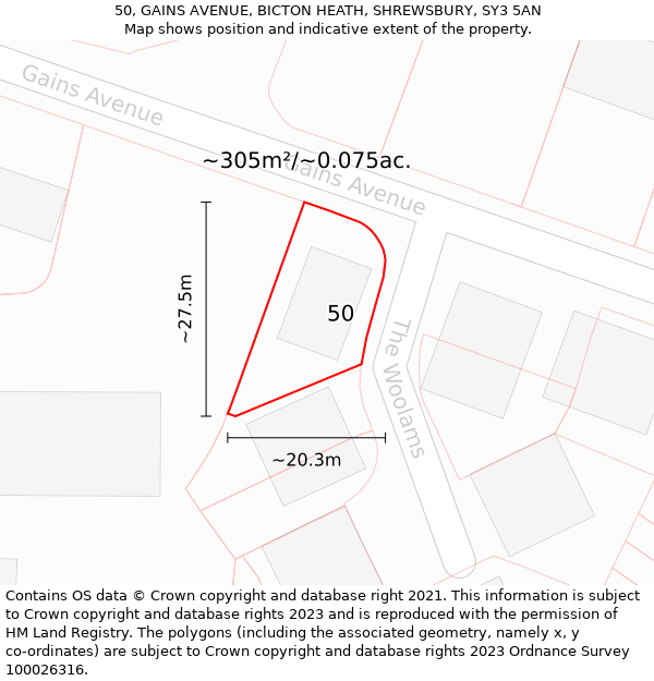 50, GAINS AVENUE, BICTON HEATH, SHREWSBURY, SY3 5AN: Plot and title map