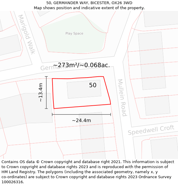 50, GERMANDER WAY, BICESTER, OX26 3WD: Plot and title map