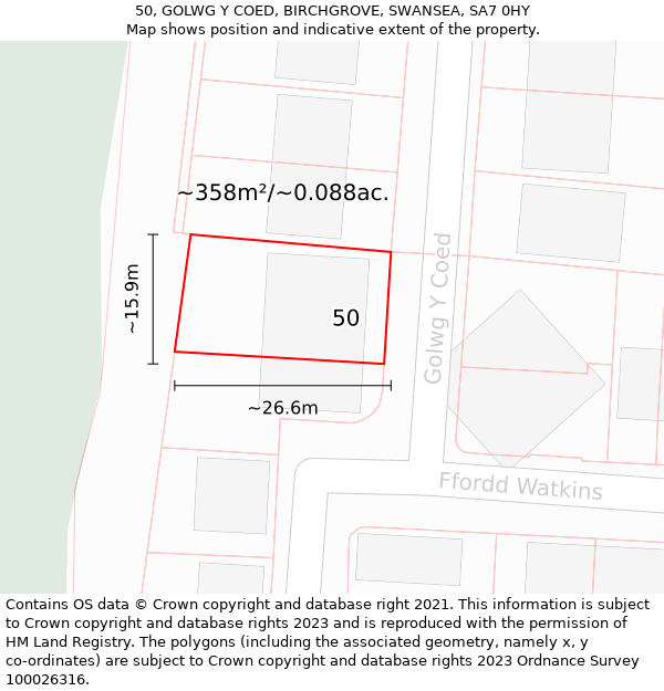 50, GOLWG Y COED, BIRCHGROVE, SWANSEA, SA7 0HY: Plot and title map