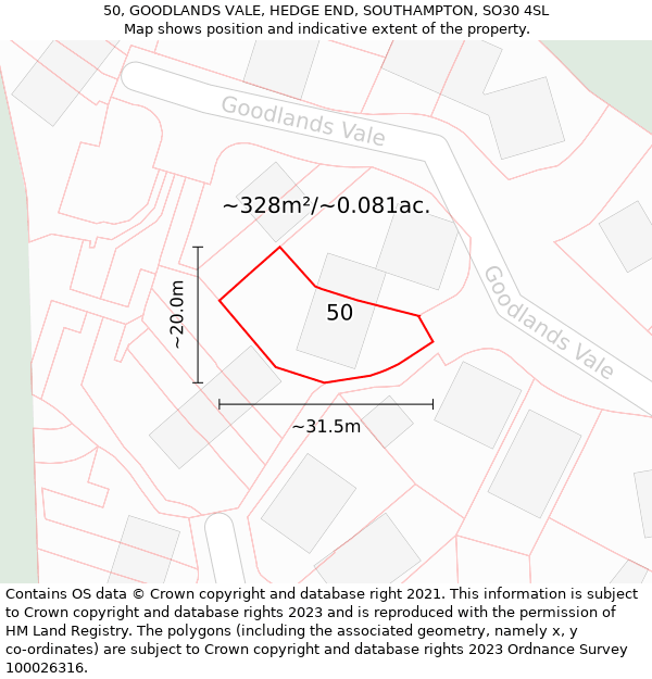 50, GOODLANDS VALE, HEDGE END, SOUTHAMPTON, SO30 4SL: Plot and title map