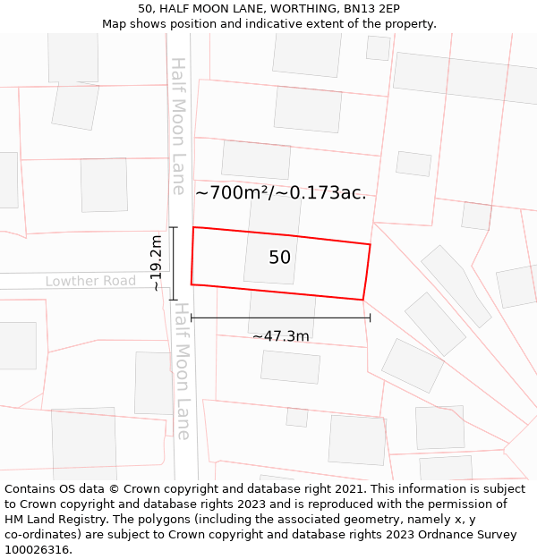 50, HALF MOON LANE, WORTHING, BN13 2EP: Plot and title map