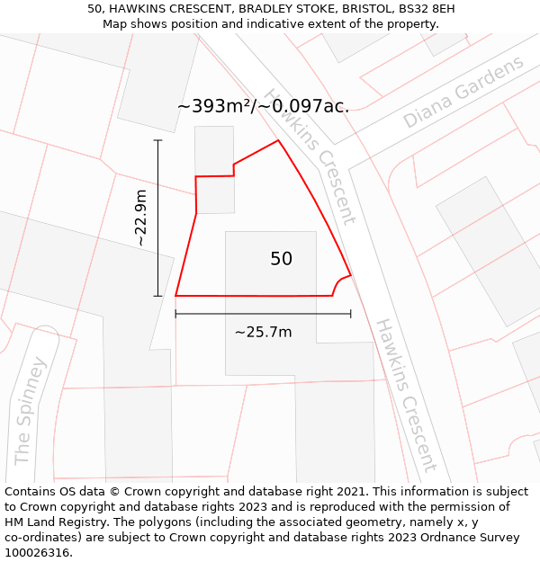 50, HAWKINS CRESCENT, BRADLEY STOKE, BRISTOL, BS32 8EH: Plot and title map