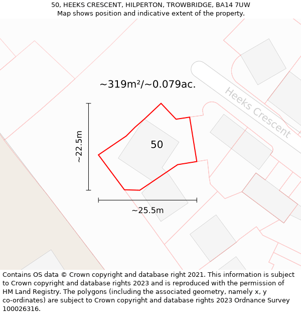 50, HEEKS CRESCENT, HILPERTON, TROWBRIDGE, BA14 7UW: Plot and title map