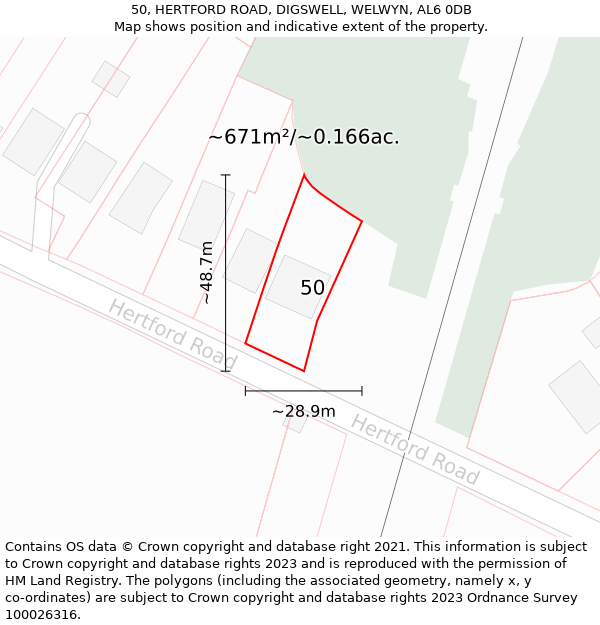 50, HERTFORD ROAD, DIGSWELL, WELWYN, AL6 0DB: Plot and title map