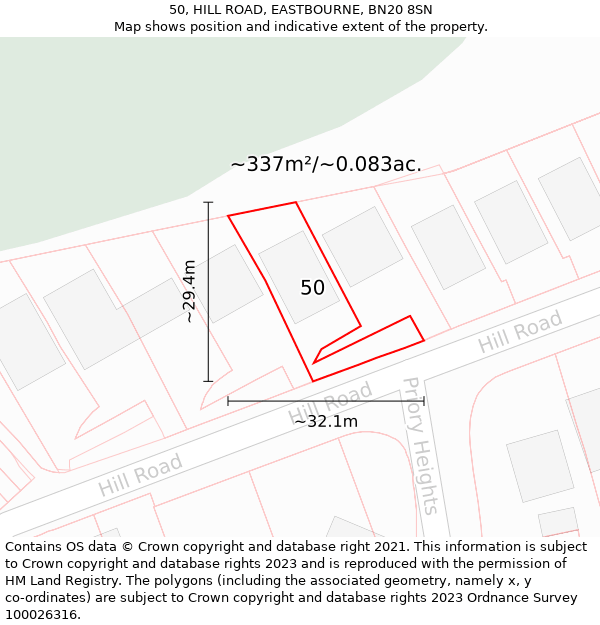 50, HILL ROAD, EASTBOURNE, BN20 8SN: Plot and title map