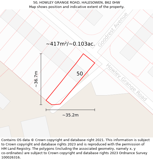 50, HOWLEY GRANGE ROAD, HALESOWEN, B62 0HW: Plot and title map