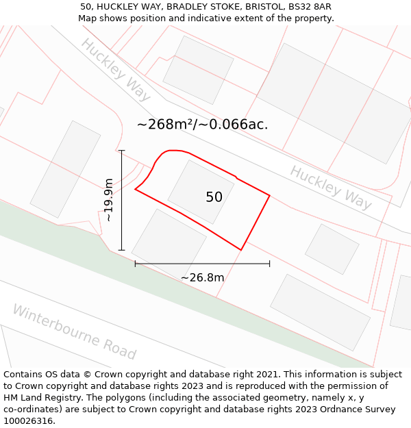 50, HUCKLEY WAY, BRADLEY STOKE, BRISTOL, BS32 8AR: Plot and title map