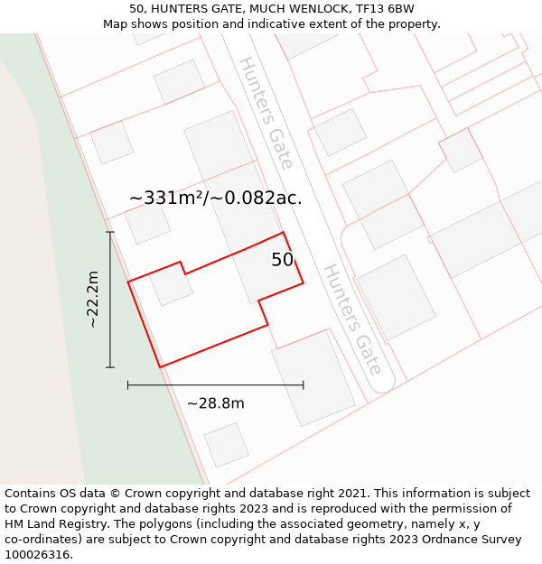 50, HUNTERS GATE, MUCH WENLOCK, TF13 6BW: Plot and title map