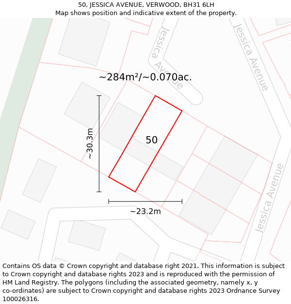 50, JESSICA AVENUE, VERWOOD, BH31 6LH: Plot and title map