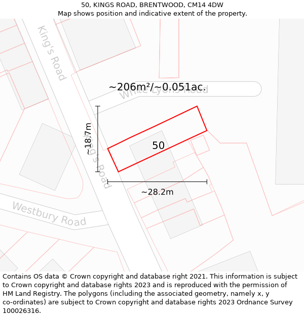 50, KINGS ROAD, BRENTWOOD, CM14 4DW: Plot and title map