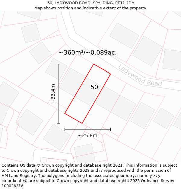 50, LADYWOOD ROAD, SPALDING, PE11 2DA: Plot and title map