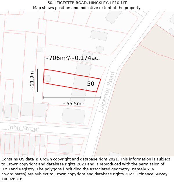 50, LEICESTER ROAD, HINCKLEY, LE10 1LT: Plot and title map