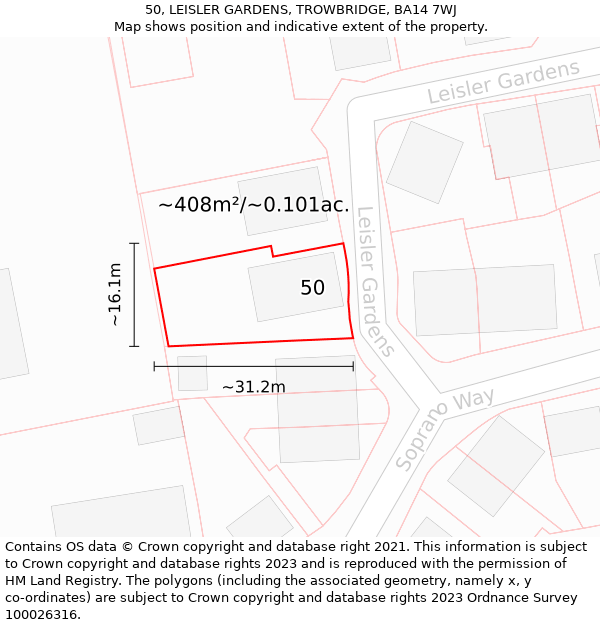 50, LEISLER GARDENS, TROWBRIDGE, BA14 7WJ: Plot and title map