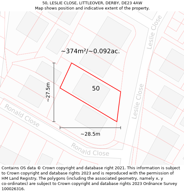 50, LESLIE CLOSE, LITTLEOVER, DERBY, DE23 4AW: Plot and title map