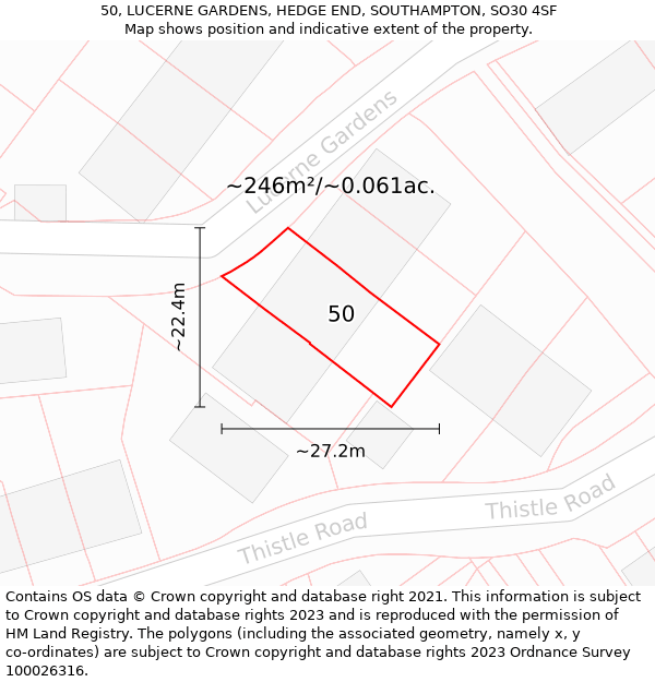 50, LUCERNE GARDENS, HEDGE END, SOUTHAMPTON, SO30 4SF: Plot and title map
