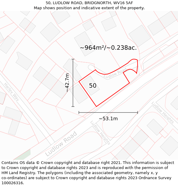 50, LUDLOW ROAD, BRIDGNORTH, WV16 5AF: Plot and title map