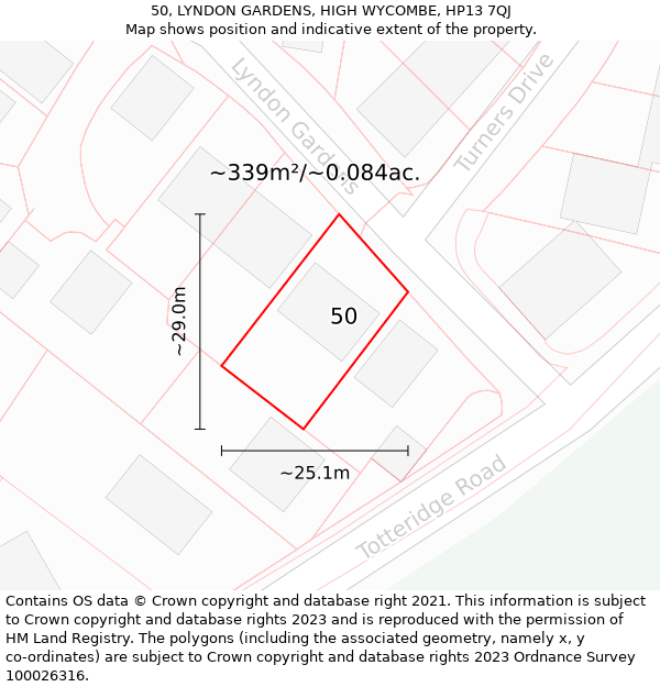 50, LYNDON GARDENS, HIGH WYCOMBE, HP13 7QJ: Plot and title map