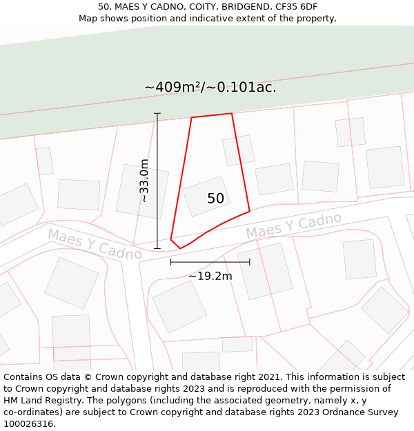 50, MAES Y CADNO, COITY, BRIDGEND, CF35 6DF: Plot and title map