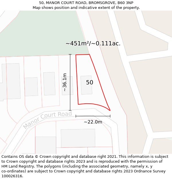 50, MANOR COURT ROAD, BROMSGROVE, B60 3NP: Plot and title map