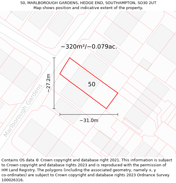 50, MARLBOROUGH GARDENS, HEDGE END, SOUTHAMPTON, SO30 2UT: Plot and title map