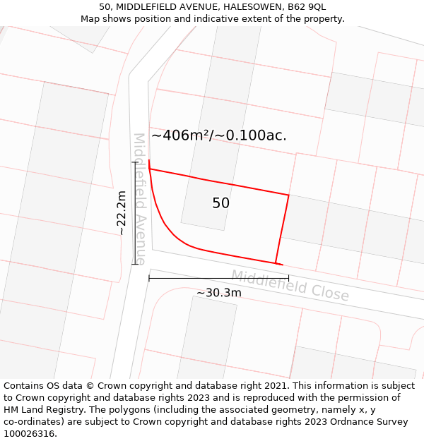 50, MIDDLEFIELD AVENUE, HALESOWEN, B62 9QL: Plot and title map