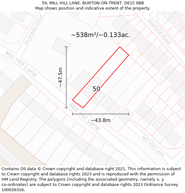 50, MILL HILL LANE, BURTON-ON-TRENT, DE15 0BB: Plot and title map