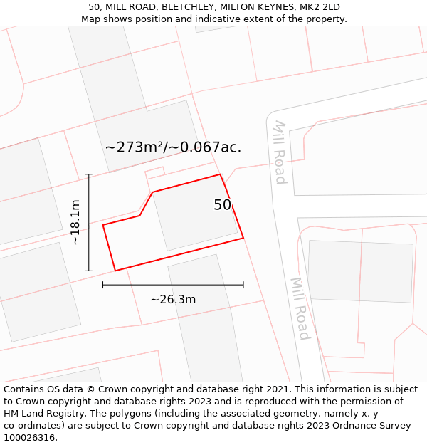 50, MILL ROAD, BLETCHLEY, MILTON KEYNES, MK2 2LD: Plot and title map