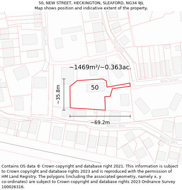 50, NEW STREET, HECKINGTON, SLEAFORD, NG34 9JL: Plot and title map