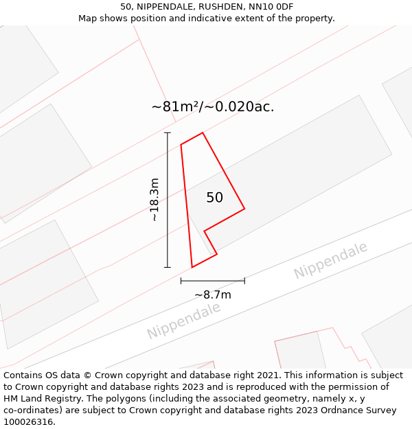 50, NIPPENDALE, RUSHDEN, NN10 0DF: Plot and title map