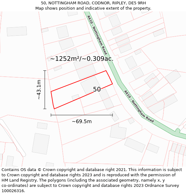 50, NOTTINGHAM ROAD, CODNOR, RIPLEY, DE5 9RH: Plot and title map