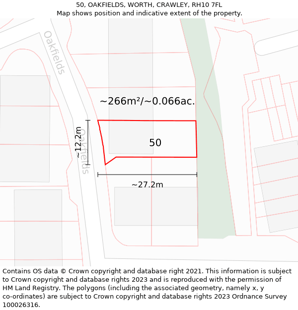 50, OAKFIELDS, WORTH, CRAWLEY, RH10 7FL: Plot and title map