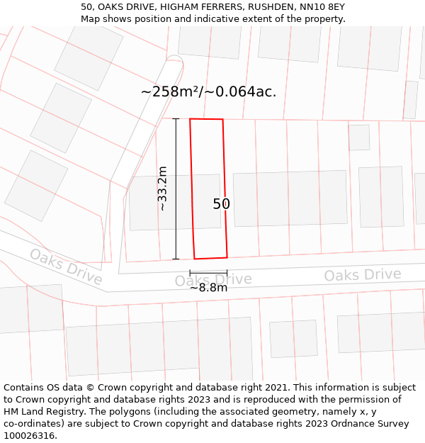 50, OAKS DRIVE, HIGHAM FERRERS, RUSHDEN, NN10 8EY: Plot and title map