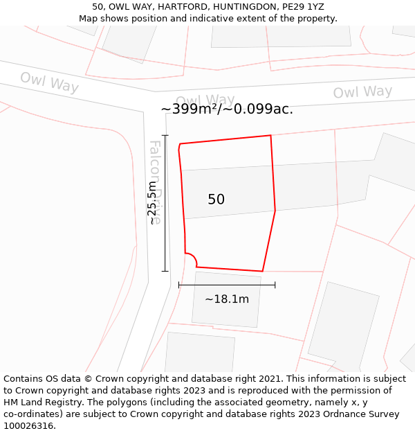 50, OWL WAY, HARTFORD, HUNTINGDON, PE29 1YZ: Plot and title map