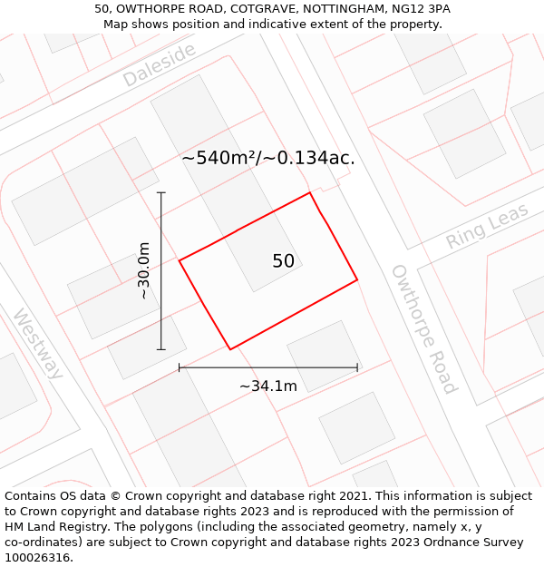 50, OWTHORPE ROAD, COTGRAVE, NOTTINGHAM, NG12 3PA: Plot and title map