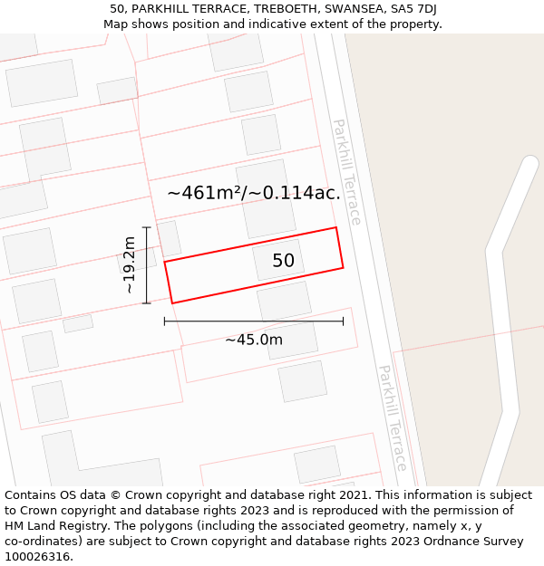 50, PARKHILL TERRACE, TREBOETH, SWANSEA, SA5 7DJ: Plot and title map