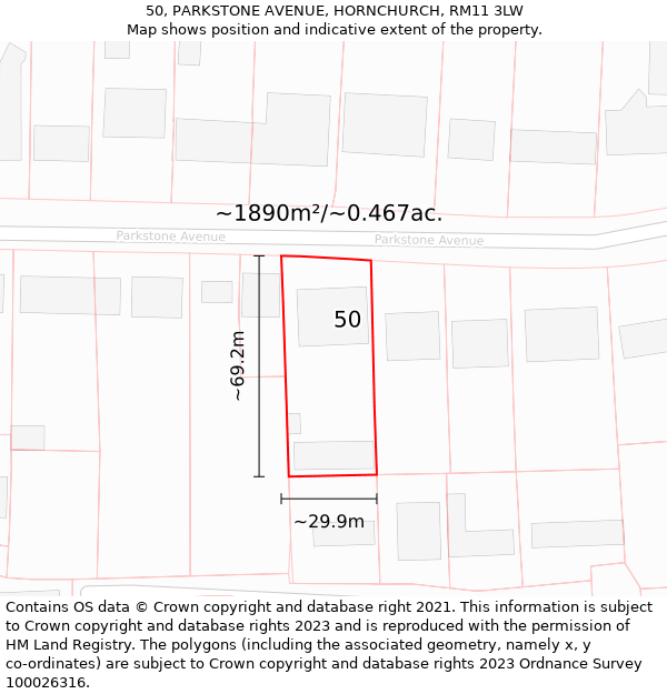 50, PARKSTONE AVENUE, HORNCHURCH, RM11 3LW: Plot and title map