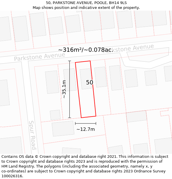 50, PARKSTONE AVENUE, POOLE, BH14 9LS: Plot and title map