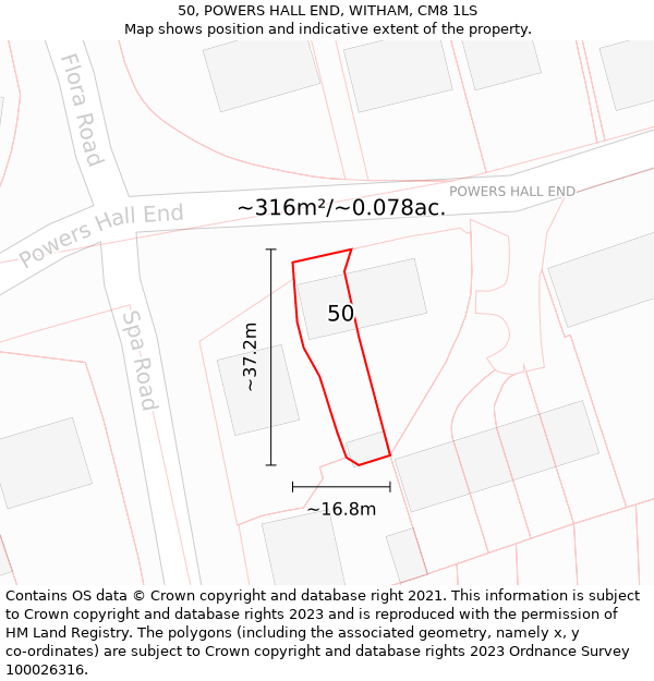 50, POWERS HALL END, WITHAM, CM8 1LS: Plot and title map