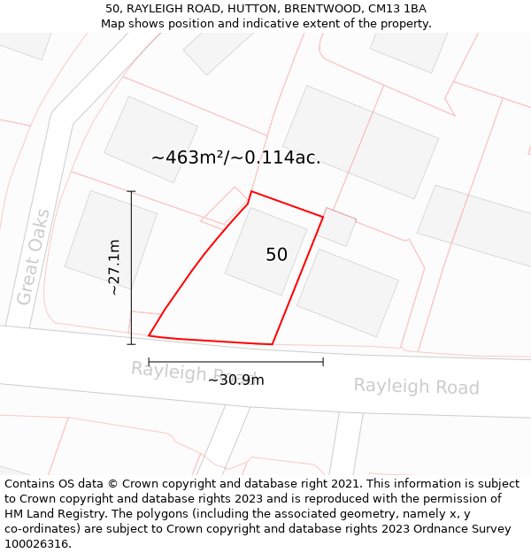 50, RAYLEIGH ROAD, HUTTON, BRENTWOOD, CM13 1BA: Plot and title map