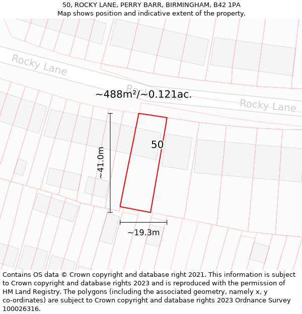 50, ROCKY LANE, PERRY BARR, BIRMINGHAM, B42 1PA: Plot and title map