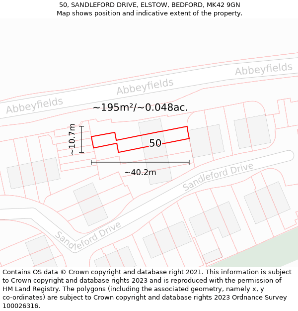 50, SANDLEFORD DRIVE, ELSTOW, BEDFORD, MK42 9GN: Plot and title map