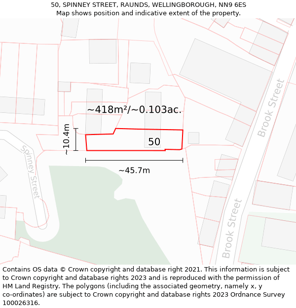 50, SPINNEY STREET, RAUNDS, WELLINGBOROUGH, NN9 6ES: Plot and title map