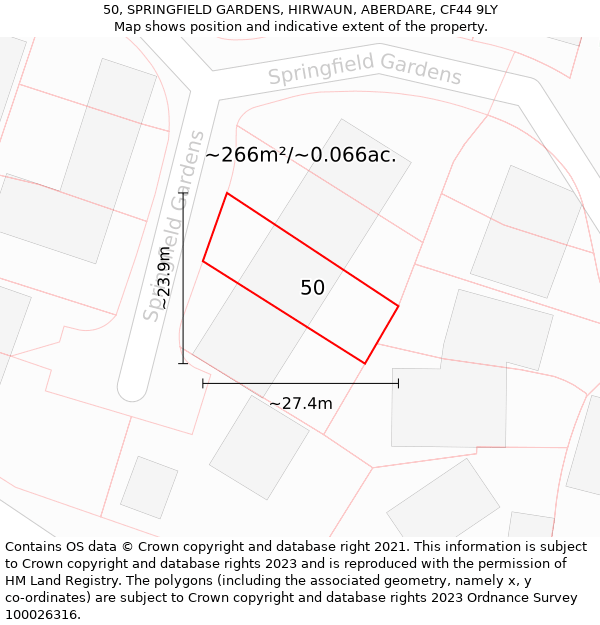 50, SPRINGFIELD GARDENS, HIRWAUN, ABERDARE, CF44 9LY: Plot and title map