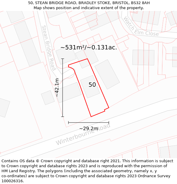 50, STEAN BRIDGE ROAD, BRADLEY STOKE, BRISTOL, BS32 8AH: Plot and title map