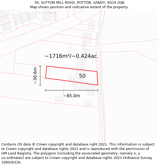 50, SUTTON MILL ROAD, POTTON, SANDY, SG19 2QB: Plot and title map