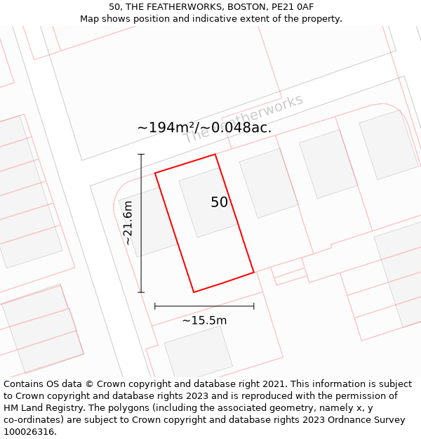 50, THE FEATHERWORKS, BOSTON, PE21 0AF: Plot and title map