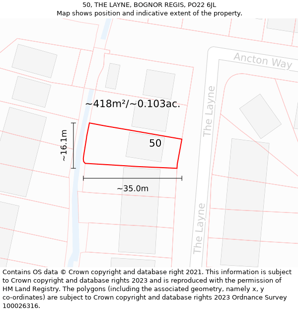 50, THE LAYNE, BOGNOR REGIS, PO22 6JL: Plot and title map