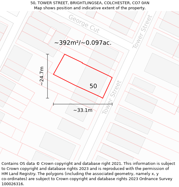 50, TOWER STREET, BRIGHTLINGSEA, COLCHESTER, CO7 0AN: Plot and title map