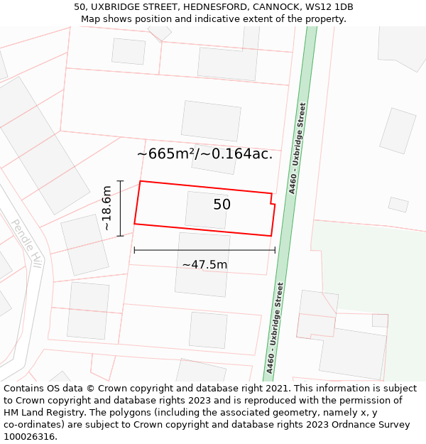 50, UXBRIDGE STREET, HEDNESFORD, CANNOCK, WS12 1DB: Plot and title map