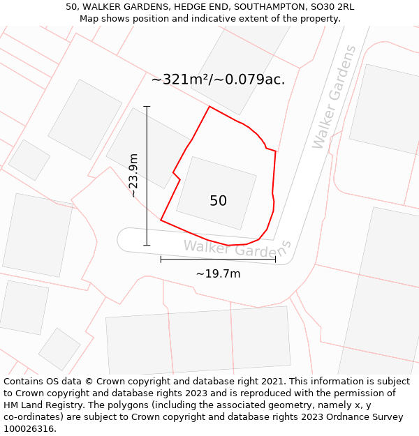 50, WALKER GARDENS, HEDGE END, SOUTHAMPTON, SO30 2RL: Plot and title map